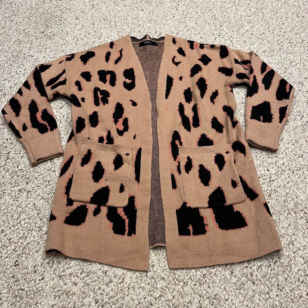Zesica Leopard Print Cardigan Sweater S Black Tan Casual Lightweight